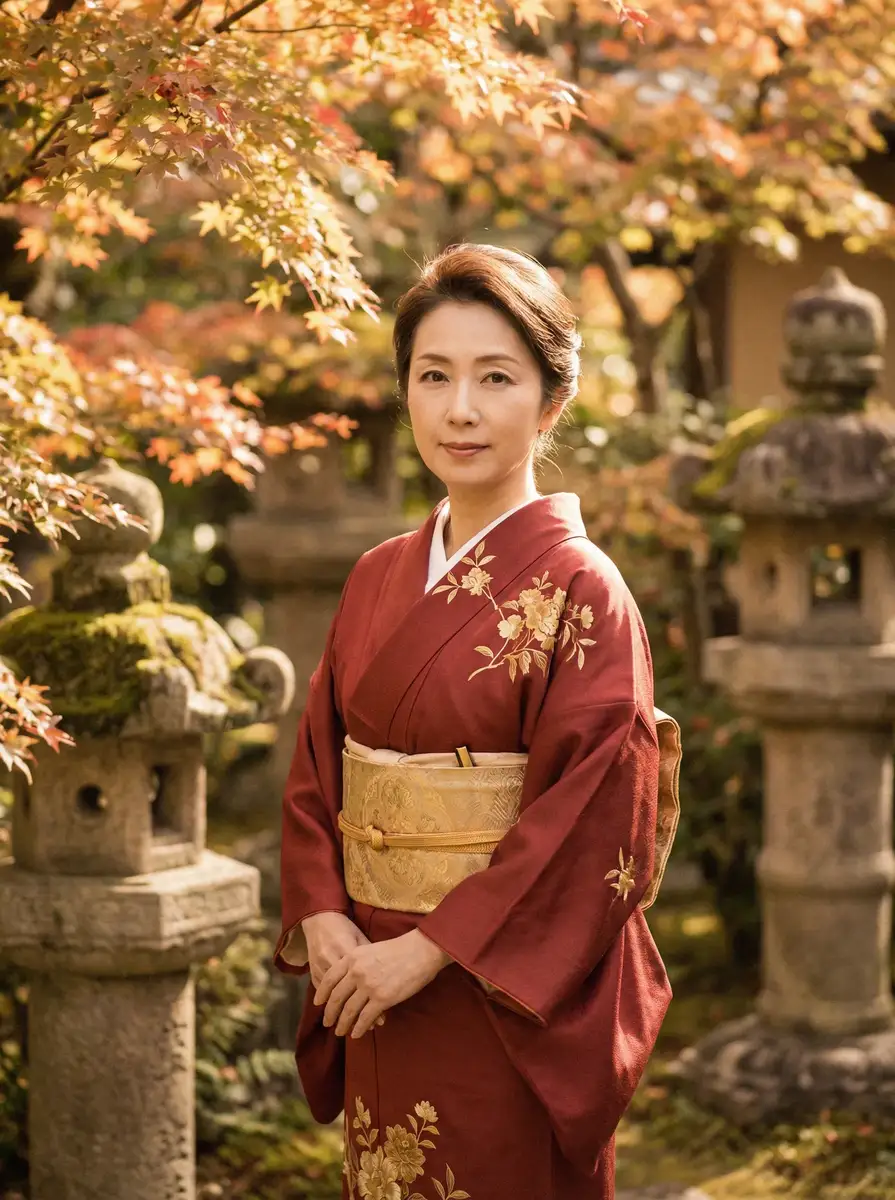 一位身穿暗红色和服的优雅 杏彩体育官网娱乐 在日式庭院中